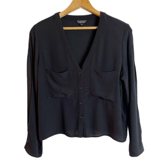 Topshop Women's Blouse 4 Black Slit Long Sleeve V-Neck Button Front Sheer Top - Picture 1 of 8